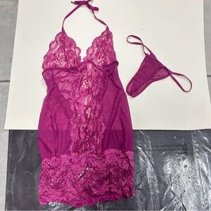 Women’s Lace Halter Chemise and Thong - Magenta